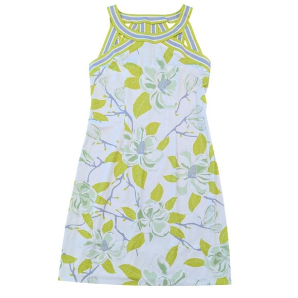 GRETCHEN SCOTT Isosceles Dress S White Gray Green Banding Floral Mini